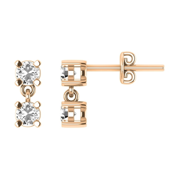 Dazzlingrock Collection 3mm Each Round White Diamond 2 Stone Pushback Dangle Drop Earrings for Women in 10K Rose Gold