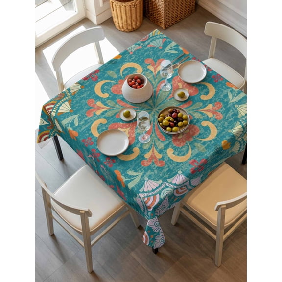 Green Boho Tablecloth Square Table Cloth 54x54,Waterproof Outdoor Table Cloth Covers Decorative Table Protector,Shabby Vintage Ethnic Abstract Floral Art Washable Kitchen Party Dinning Table Cover