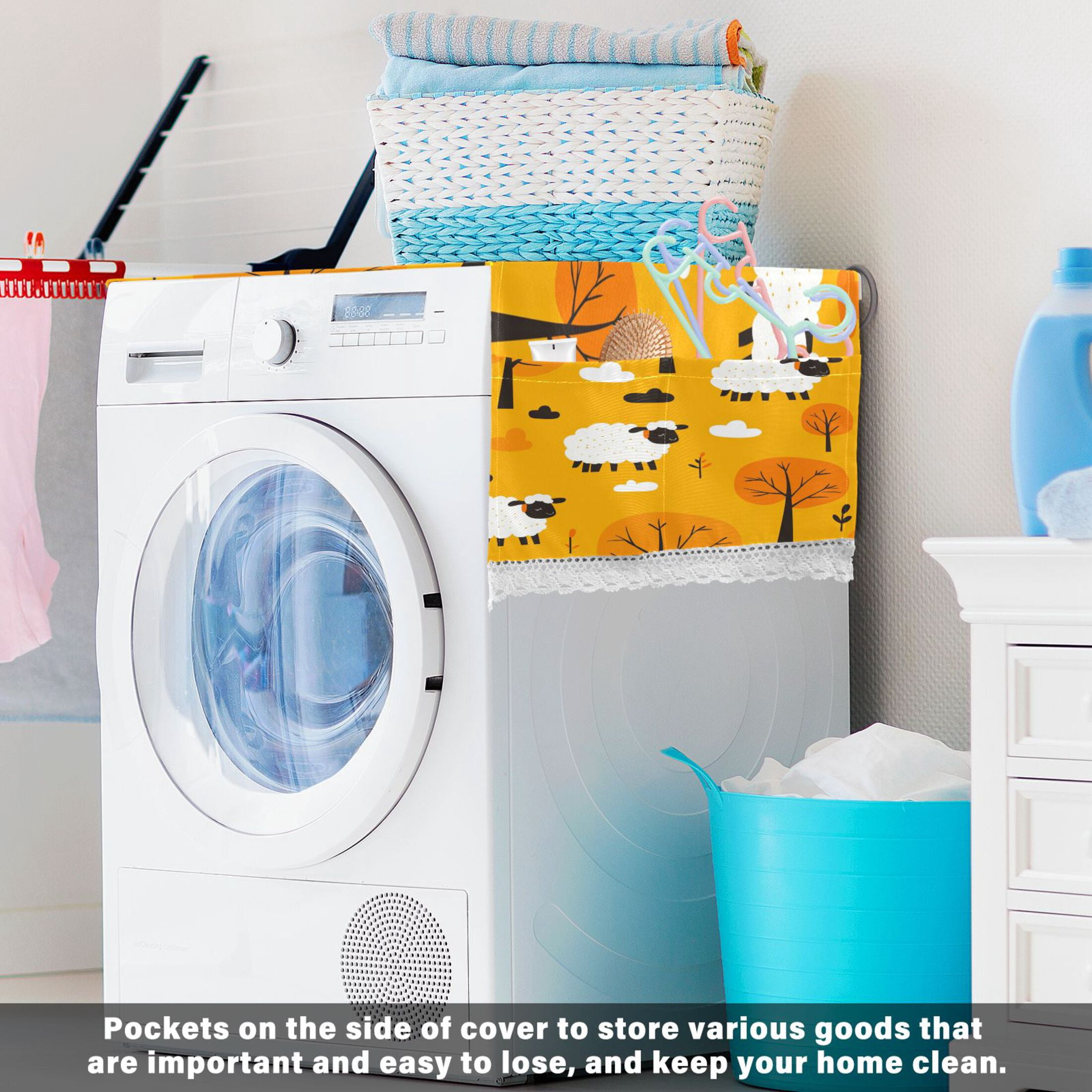 Cute Cartoon SheepWasher and Dryer Covers Dust-Proof and Oil Resistant Fridge Cover with 4 Storage Pockets Washing Machine Top Cover for Laundry Kitchen Home 51.2 x 22 In