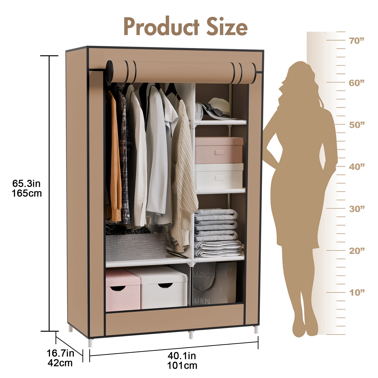 BAOKALER Ready-to-Use Coffee Brown Portable Closet: 6 Shelves, 1 Hanging Rod and 4 Side Pockets – Perfect for Bedrooms, Living Rooms, Cloakrooms, Garages, Dorms and Apartments