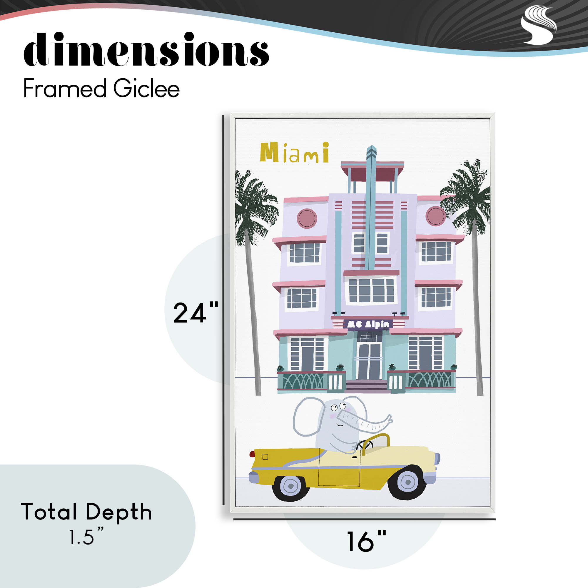 Elephant & Miami Hotel White Framed Giclee Art, design by Carla Daly