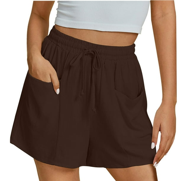 Pantalones Cortos de Piernas Anchas para Mujeres Lino de Color Sólido, Cintura Elástica Cómoda Longitud Regular