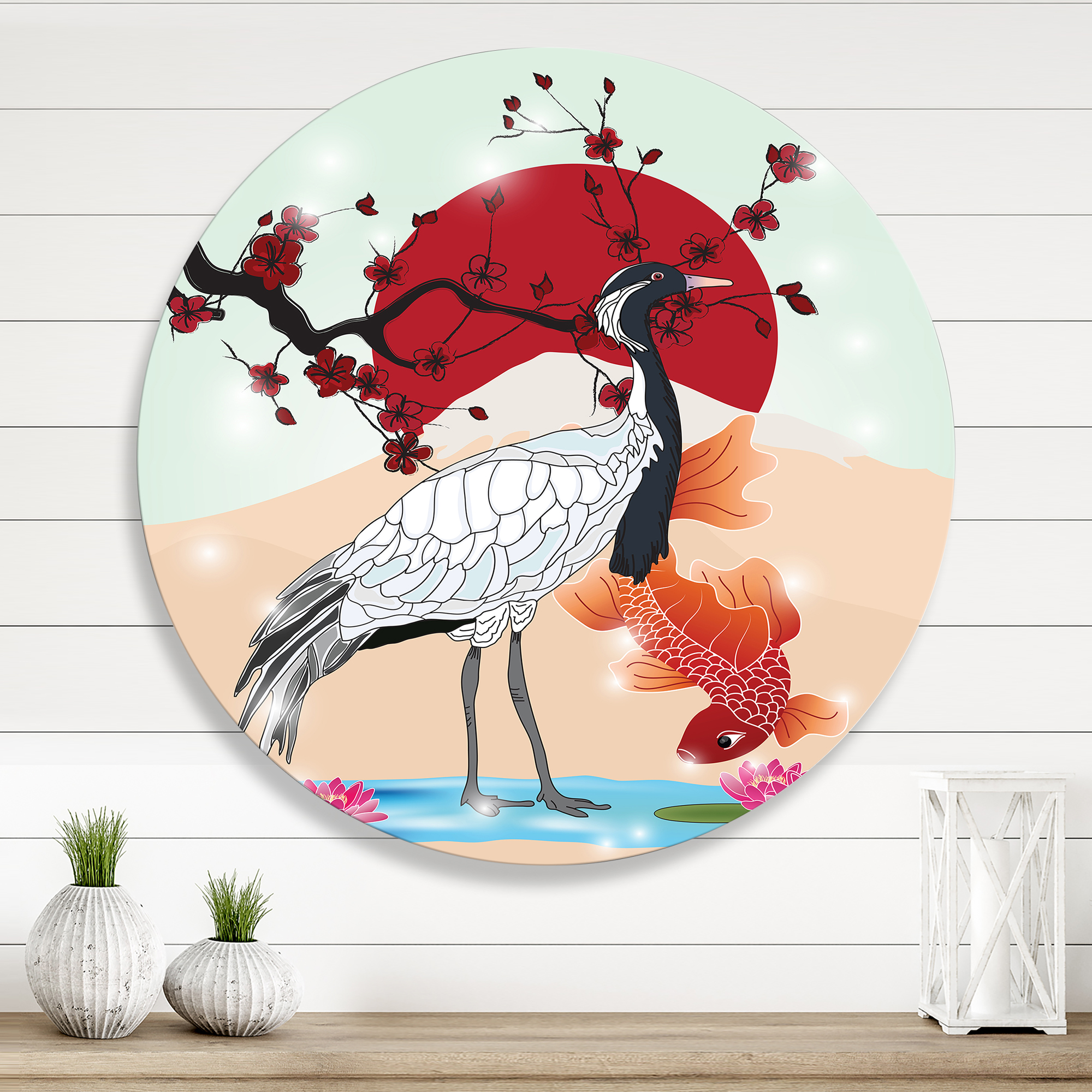 Designart 'Koi Fish With Crane Bird' Farmhouse Circle Metal Wall Art 23x23 - Disc of 23