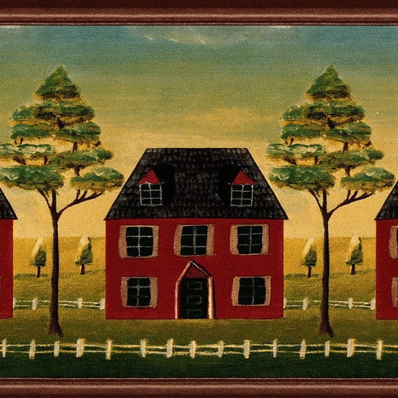 Concord Wallcoverings Wallpaper Border Country Pattern Houses Trees Fence for Living Room Kitchen Cottage, Red Black Brown Green Blue, 5.25 Inches by 15 Feet GB30311