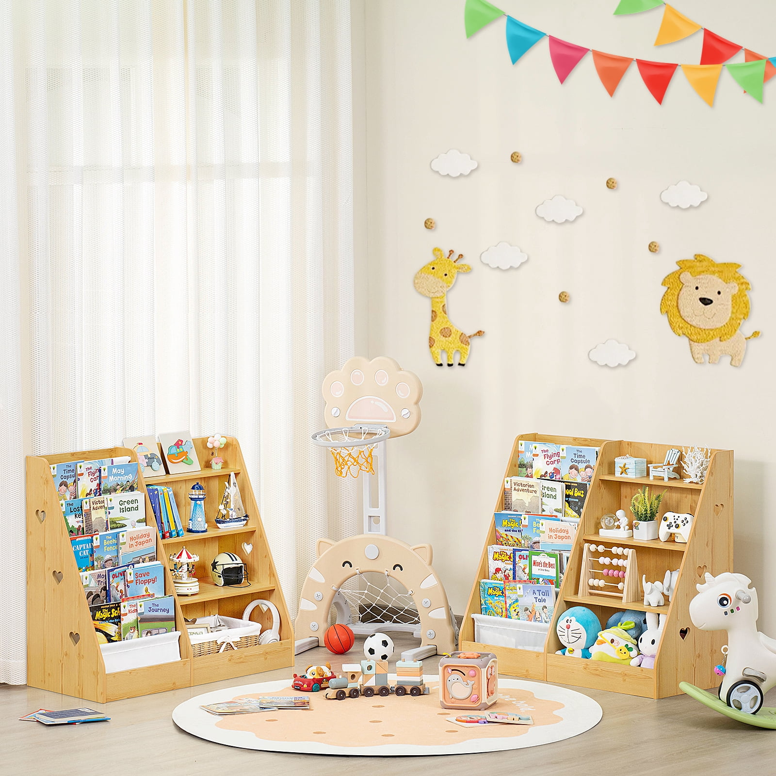 LELELINKY 35.5"Wide Large Kids Bookcase, 4-Tiers Kids Book Organizer Bookshelf with 5 Layer Sling, Wooden Bookshelf for Kids Room