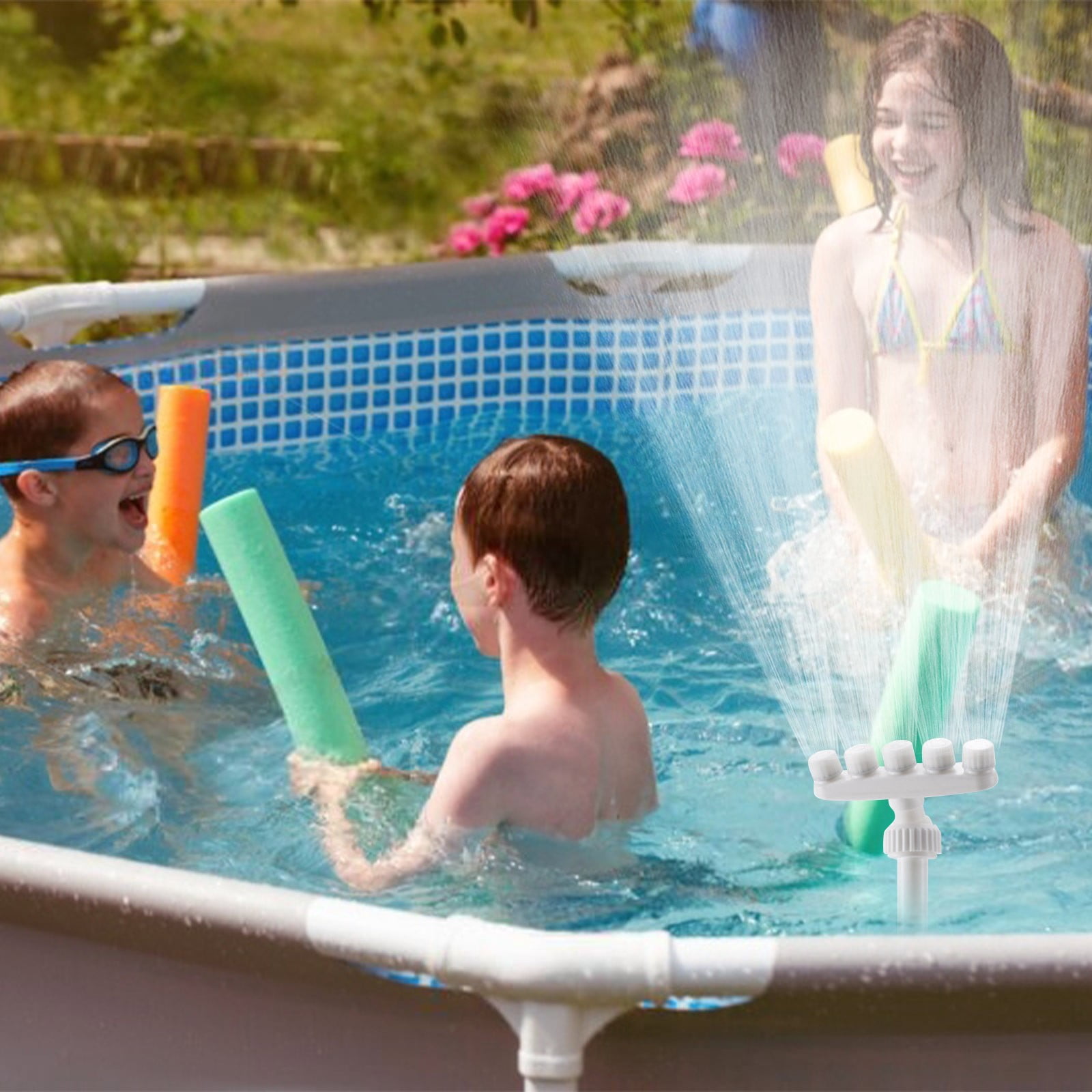 Five Head Swimming Pool Water Fountain Sprinkler, Adjustable Pool Waterfall Spray for Above Ground Pool, Pool Accessories for Fish Pond Garden Backyard Cooling(Double layer adapter)