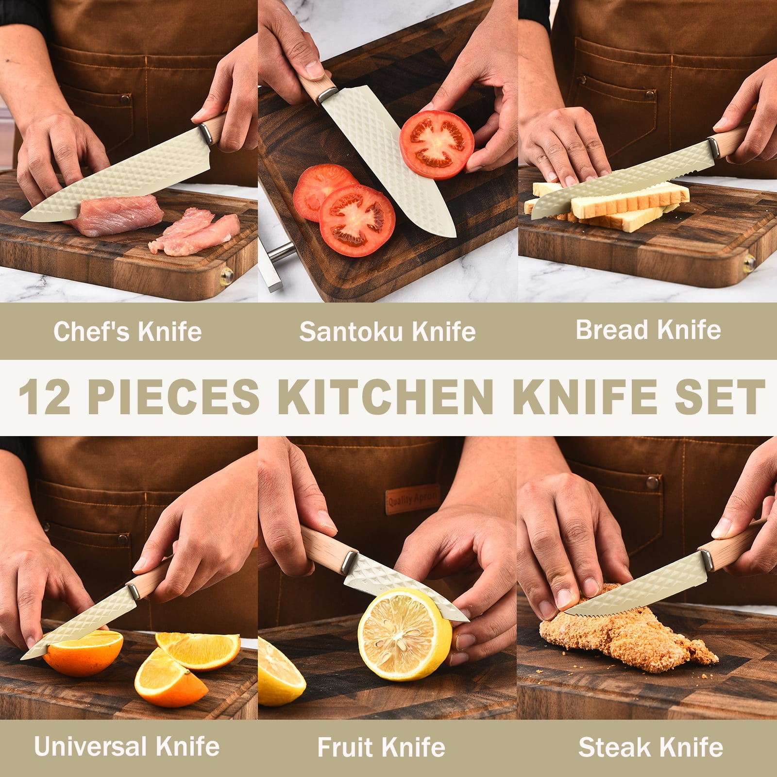 In-Drawer Kitchen Knife Set, 12 Pieces Knife Block Set with In-Drawer Knife Organizer, Sharp & Non-stick Stainless Steel Chef Knife Set, Kitchen Knives Set for Kitchen Home Apartment
