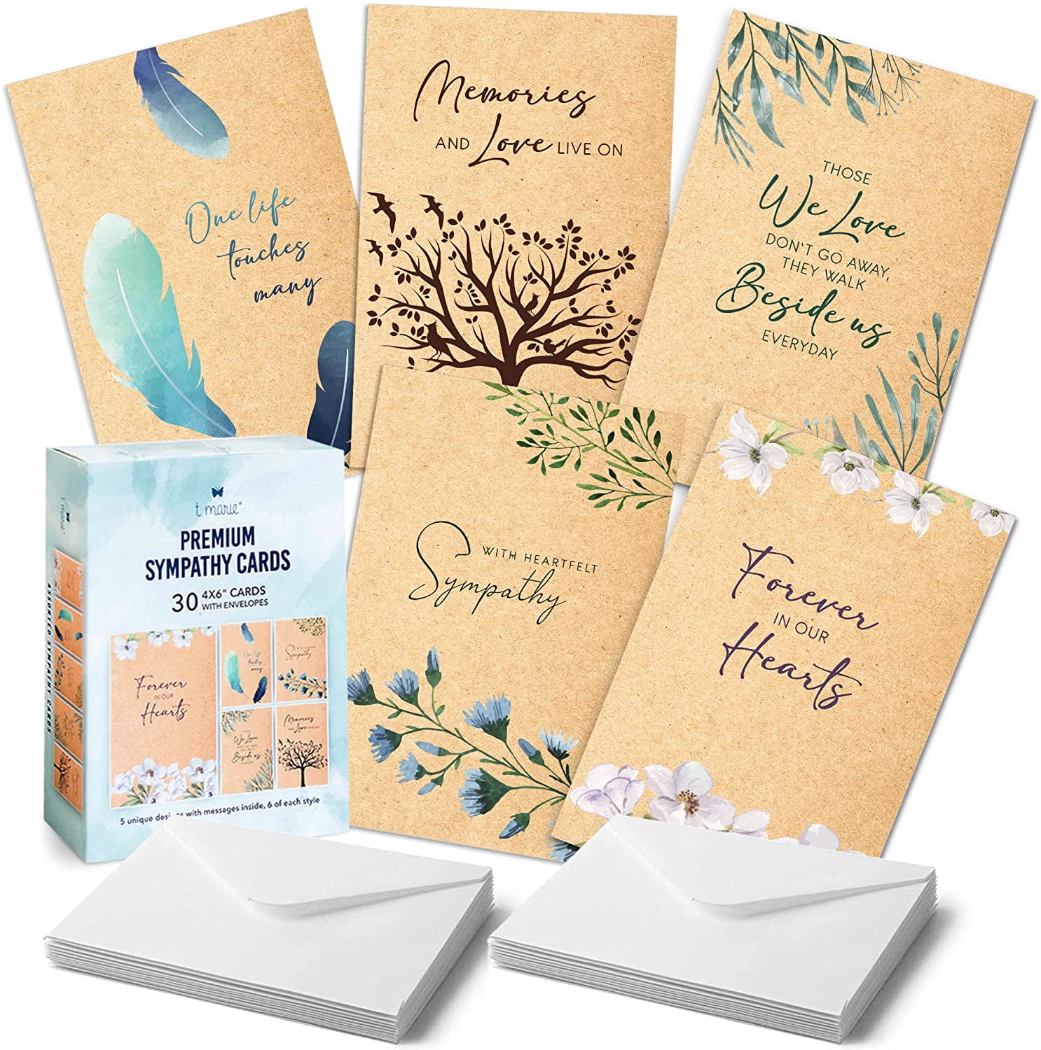 30 Sympathy Cards Assortment Box with Envelopes 4x6” Kraft Style Bulk