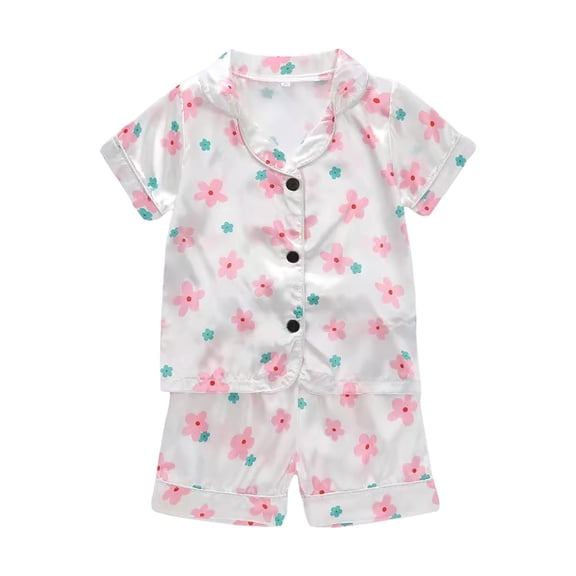 Ulanda Girls Pajamas Silky Satin PJs 2Pcs Sleepwear Short Sleeve Button Top and Shorts 5-14 Years (Light Pink, 3-4 Years)