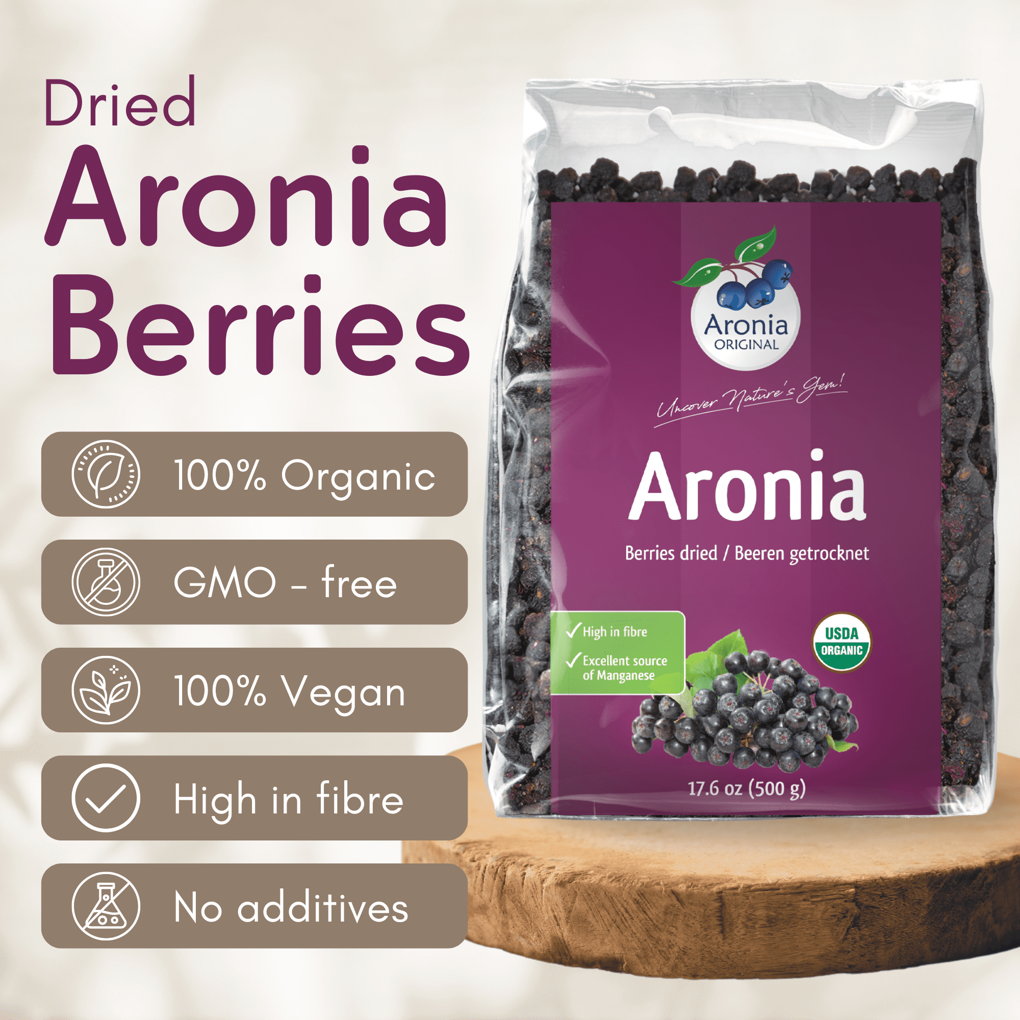 Aronia Original Organic Dried Aronia Berries 17.6 oz (500 g) - Unsweetened Black Chokeberries, Gently Dried After Harvest - Vegan, Non-GMO, No Sulfites or Additives