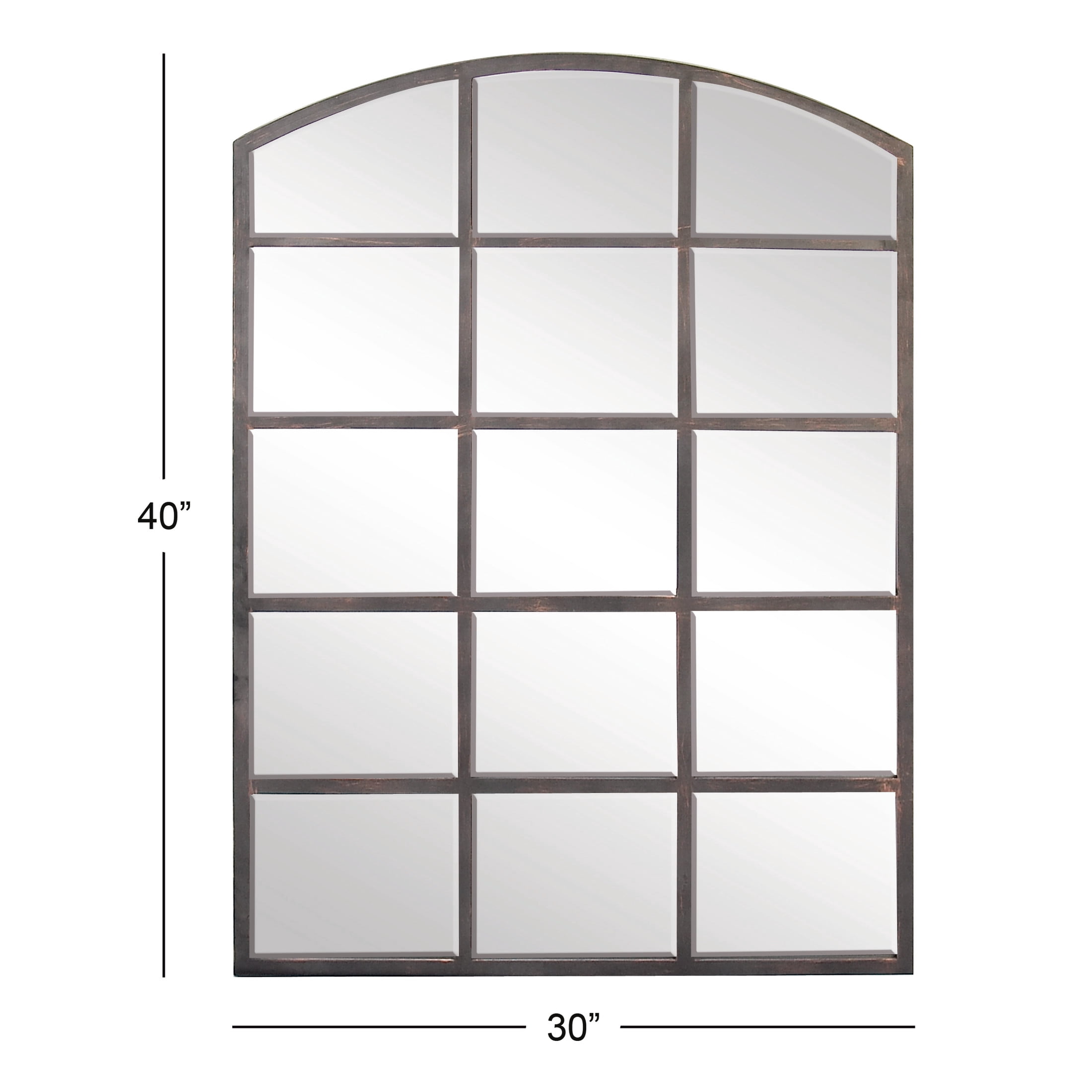 DecMode Industrial Metal Arched Window Pane Shape Wall Mirror with Dark Gray Finish, 30"W x 40"H