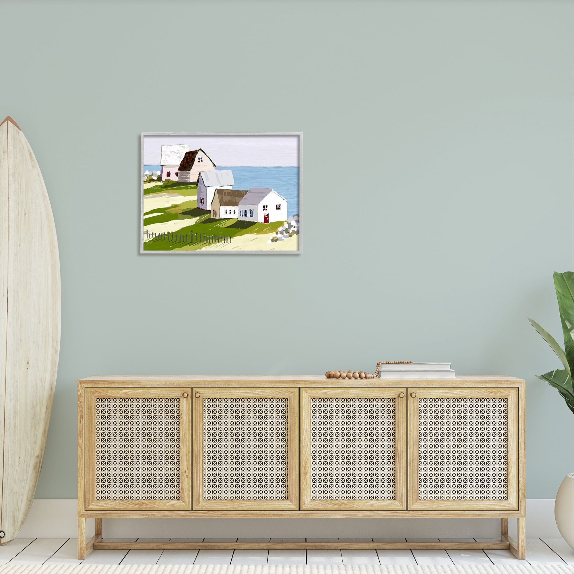 Stupell Industries Quaint Seaside Cottages Overlooking Vast Ocean Landscape Graphic Art Gray Framed Art Print Wall Art, Design by Tina Finn
