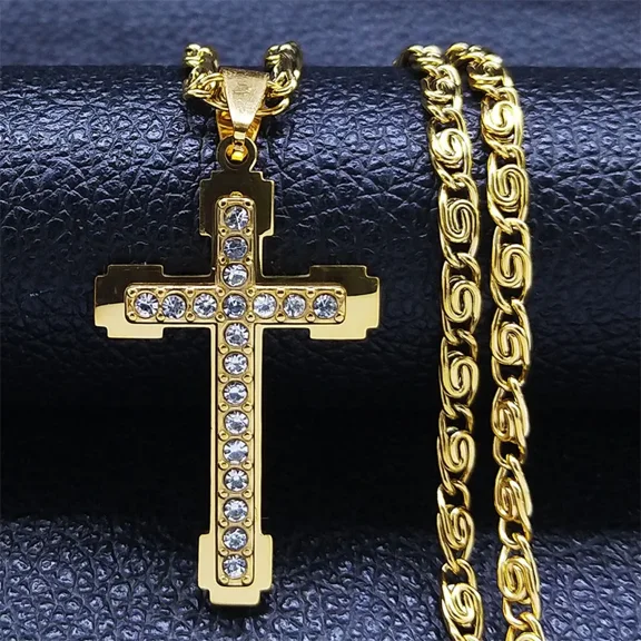 Christian Cross Crucifix Pendant Necklace Golden Silver Color 14K Yellow Gold Catholic Men Chain Jewelry corrente masculina