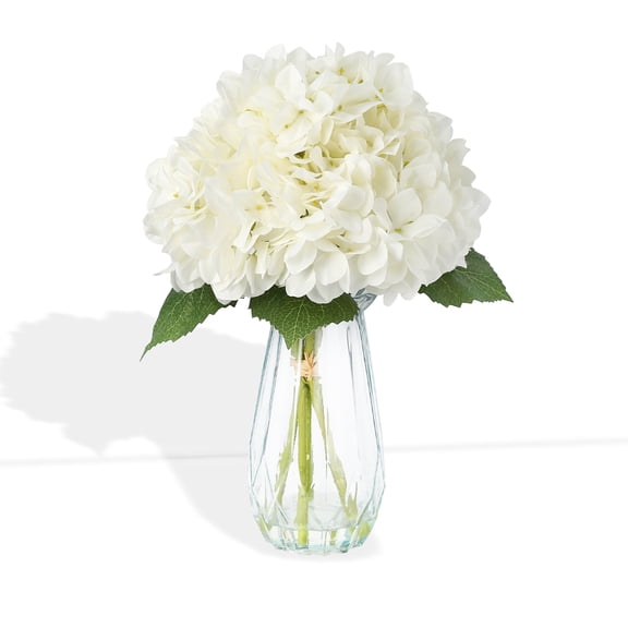 Artificial Hydrangea Flowers Faux Bouquet with Glass Vase, Realistic Silk Hydrangea Stems for Wedding Centerpieces Home Table Baby Shower Party Decor