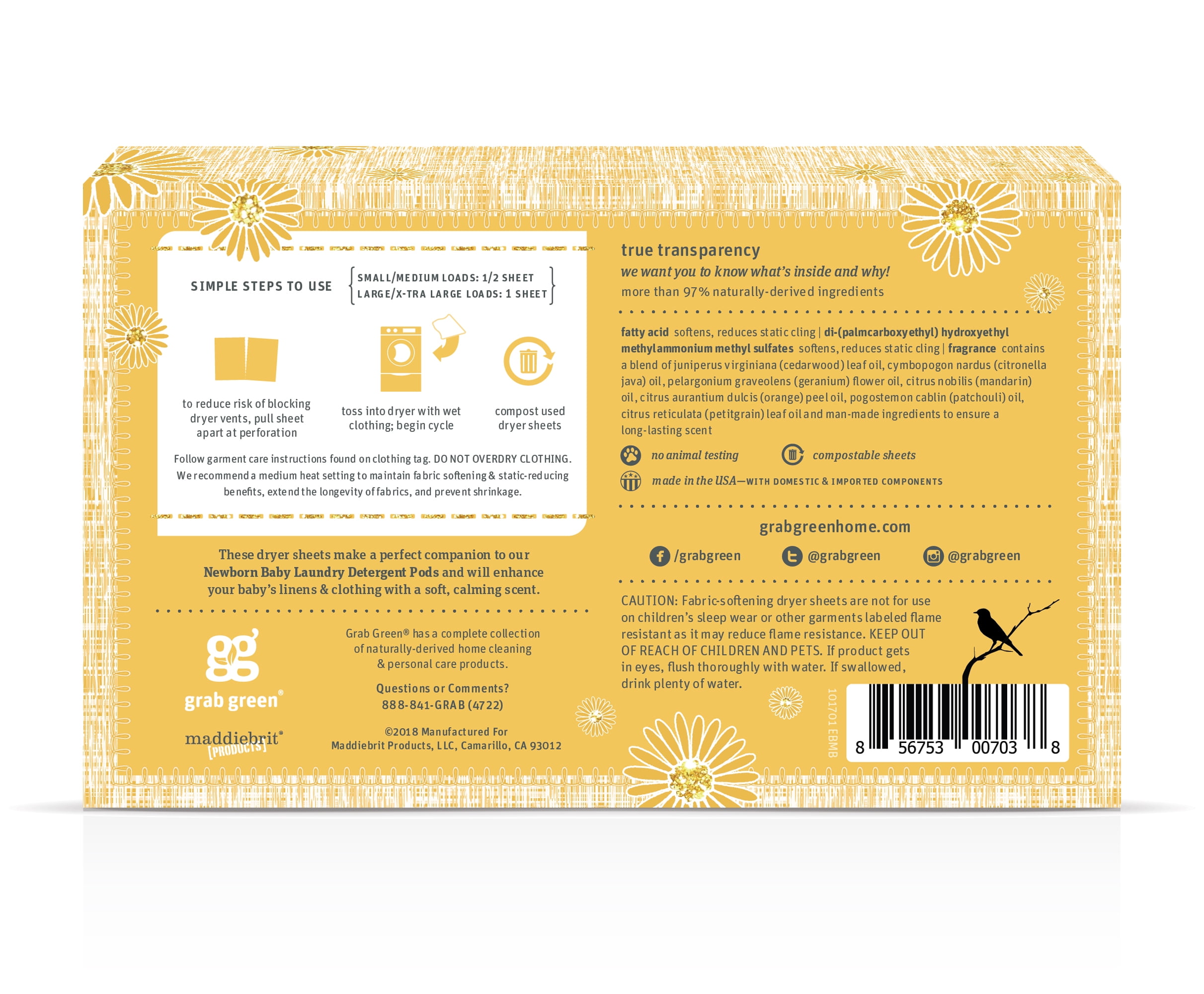 Grab Green Newborn Baby Dryer Sheets - Natural Scent Booster and Fabric Softener to Reduce Wrinkles and Static (Calming Chamomile