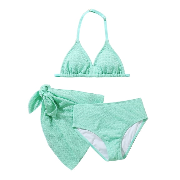 SGMVNU Girls 3 Piece Swimsuits Cute Bathing Suit Triangle Bikini Set with Beach Cover up Skirt Teen Kids Swimwear for Age 13-14 Years Kids, Light Blue-F