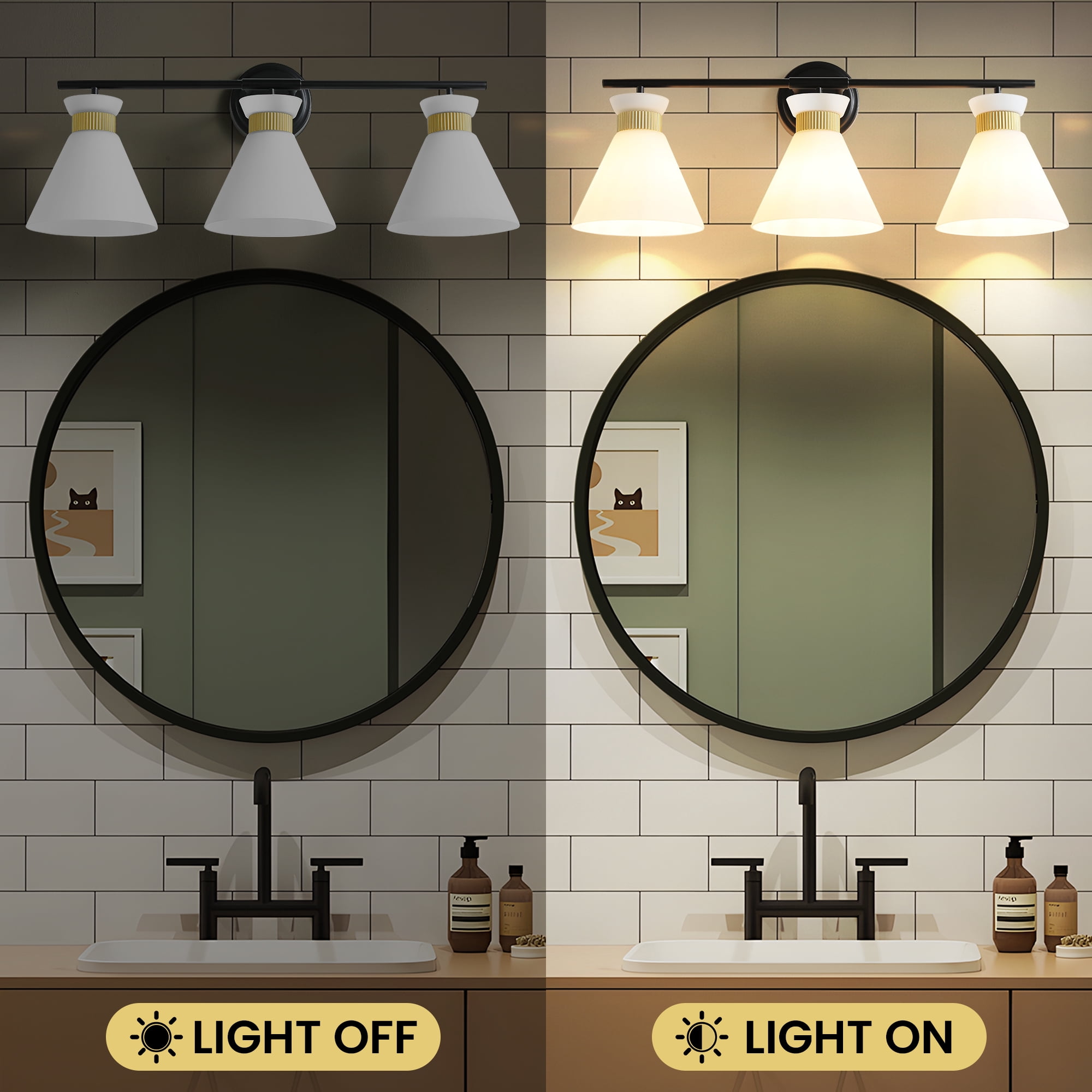 3-Lights Vanity Lights for Bathroom Black and Gold Wall Sconce Lighting with Frosted Milky Glass for Over Mirror Bedroom Hallway