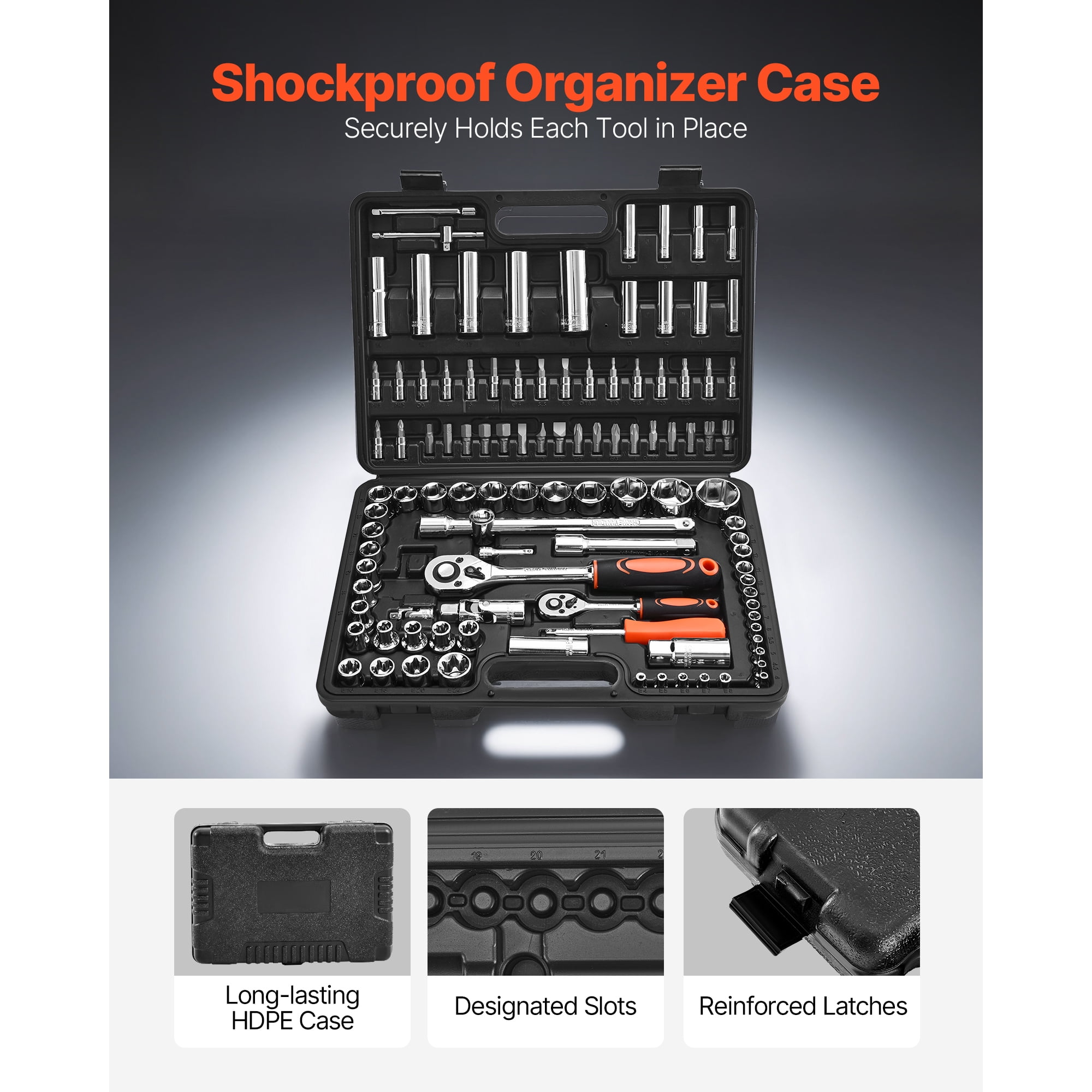 KFFKFF 108-Piece Socket and Ratchet Set, 1/4 & 1/2 Inch Drive, Metric Sizes 4-32 mm, Mechanic Tool Kit with Bits, Accessories, Durable Storage Case, CR-V Steel, Ideal for Automotive Maintenance