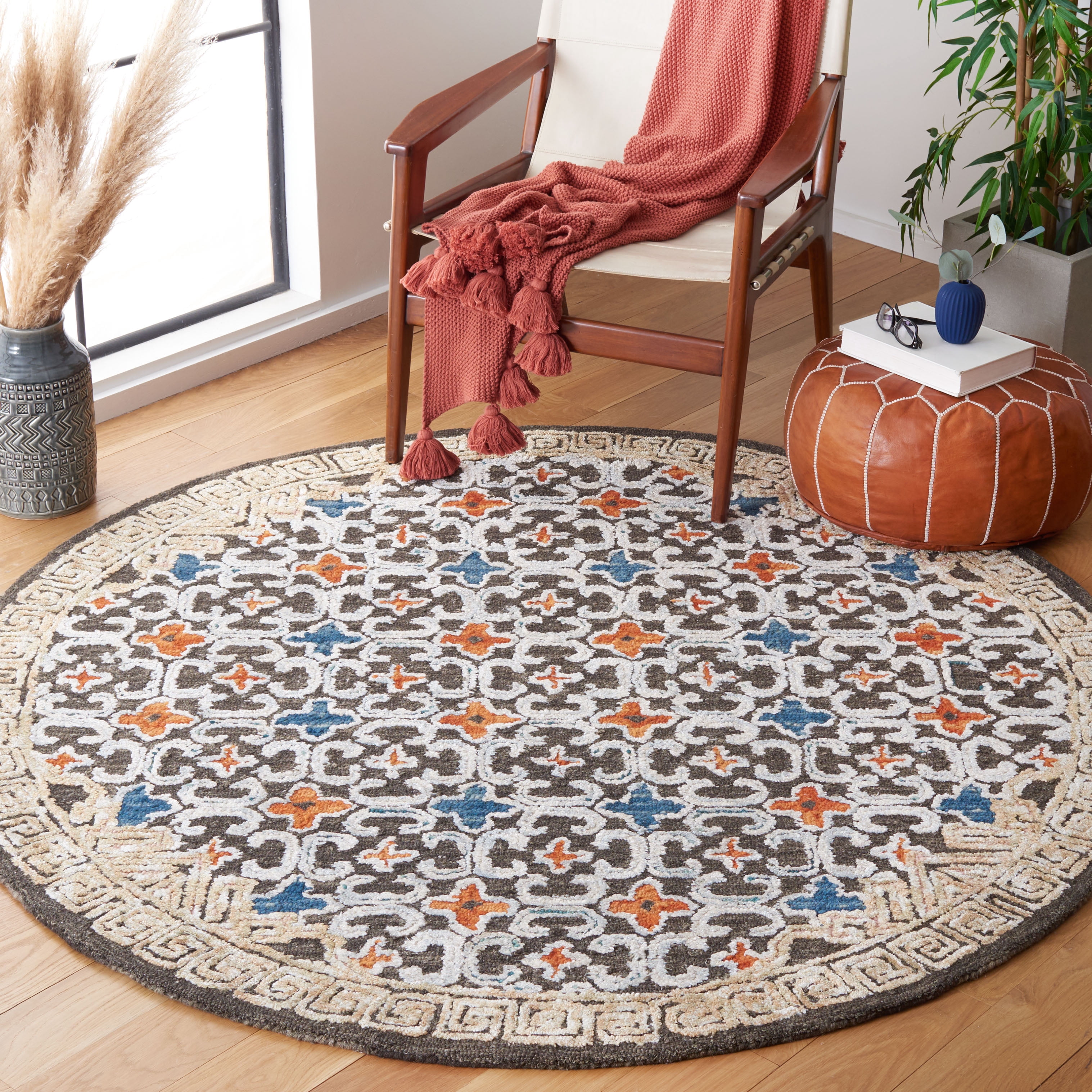 SAFAVIEH Aspen Matilda Floral Bordered Area Rug, Blue/Taupe, 6' x 6' Round