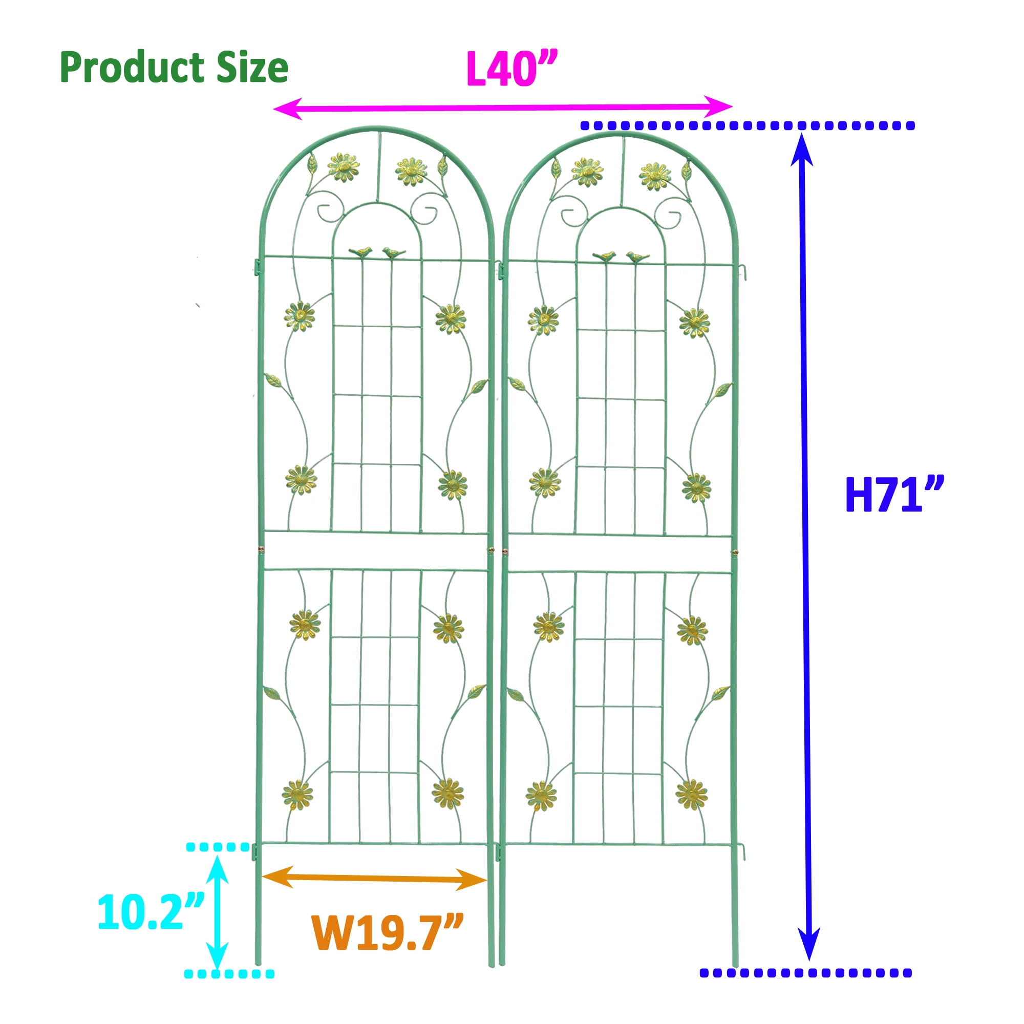 2 Pack Metal Garden Trellis 71" x 19.7" Rustproof Trellis for Climbing Plants Outdoor Flower Support Green