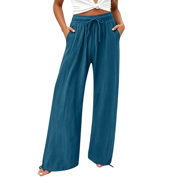 VEKDONE Women's Plus Size Palazzo Pants Summer Elastic High Waisted Drawstring Wide Leg Pants Casual Baggy Lightweight Straight Trousers with Pockets Blue XXXL
