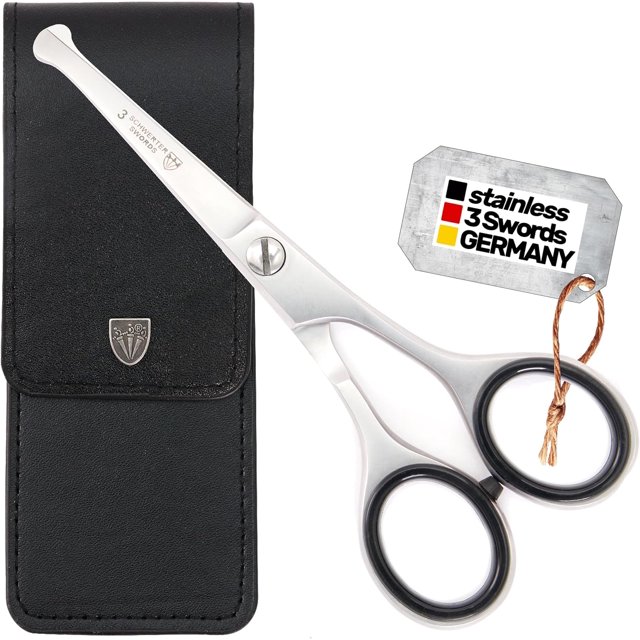 3 Swords Germany – Professional Nostril Nose and Ear Hair Scissors, Stainless Steel, Straight Rounded Blade with Black case