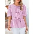 thumbnail image 3 of Blusa PRETTYGARDEN para mujer con lazo en la parte delantera a rayas moradas y rojas, 3 of 9