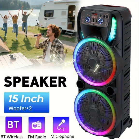 RIDWIND Dual 15-Inch Karaoke Party Speaker System with Wireless Bluetooth, 2 Microphones, LED Light Show, Portable Loud Speaker with Remote & Rechargeable Battery