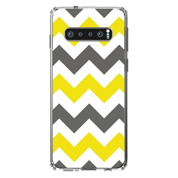 DistinctInk Clear Shockproof Hybrid Case for Samsung Galaxy S10 (6.1" Screen) - TPU Bumper, Acrylic Back, Tempered Glass Screen Protector - Grey Yellow Stripes - Stripes Pattern