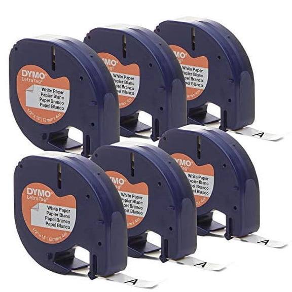 DYMO Authentic Lt Paper Labeling Tape for LetraTag Label Makers,1/2" (12mm),Black Print On White Tape,6-Pack