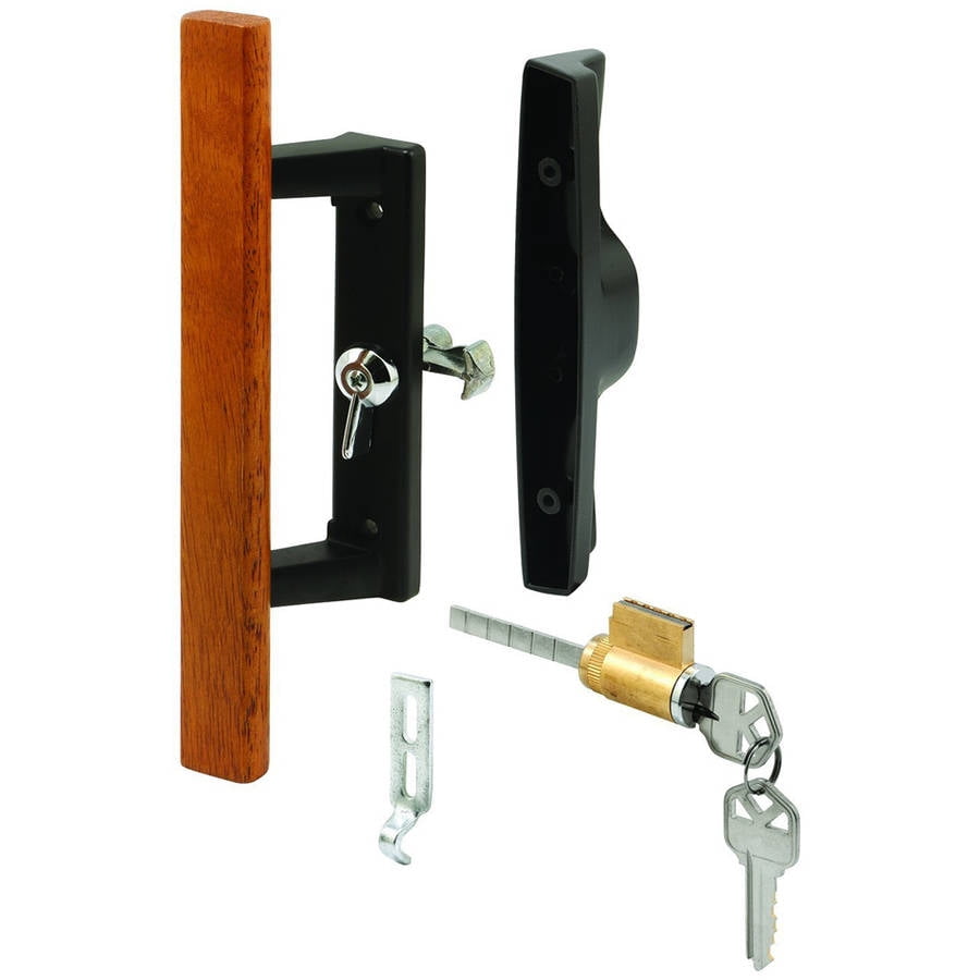 Prime-Line C 1132 Keyed Sliding Door Handle Set With Wood Pull Aluminum Diecast Viking, Black