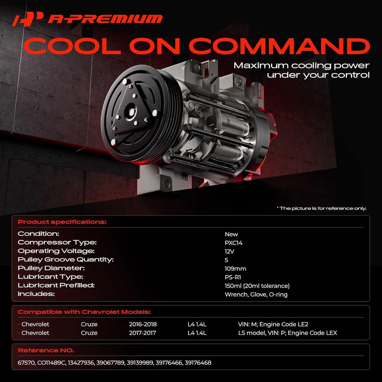 A-Premium Air Conditioner AC Compressor with Clutch Compatible with Chevrolet Cruze 2016 2017 2018 1.4L