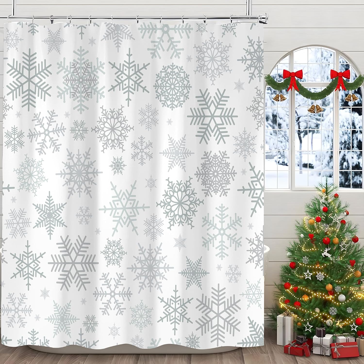 White Christmas Snowflake Shower Curtain, Winter Merry Xmas Funny Outside Holiday Pattern Bathroom Decor, Waterproof Cloth Fabric Bath Curtain with Hooks 72 x 72 inch