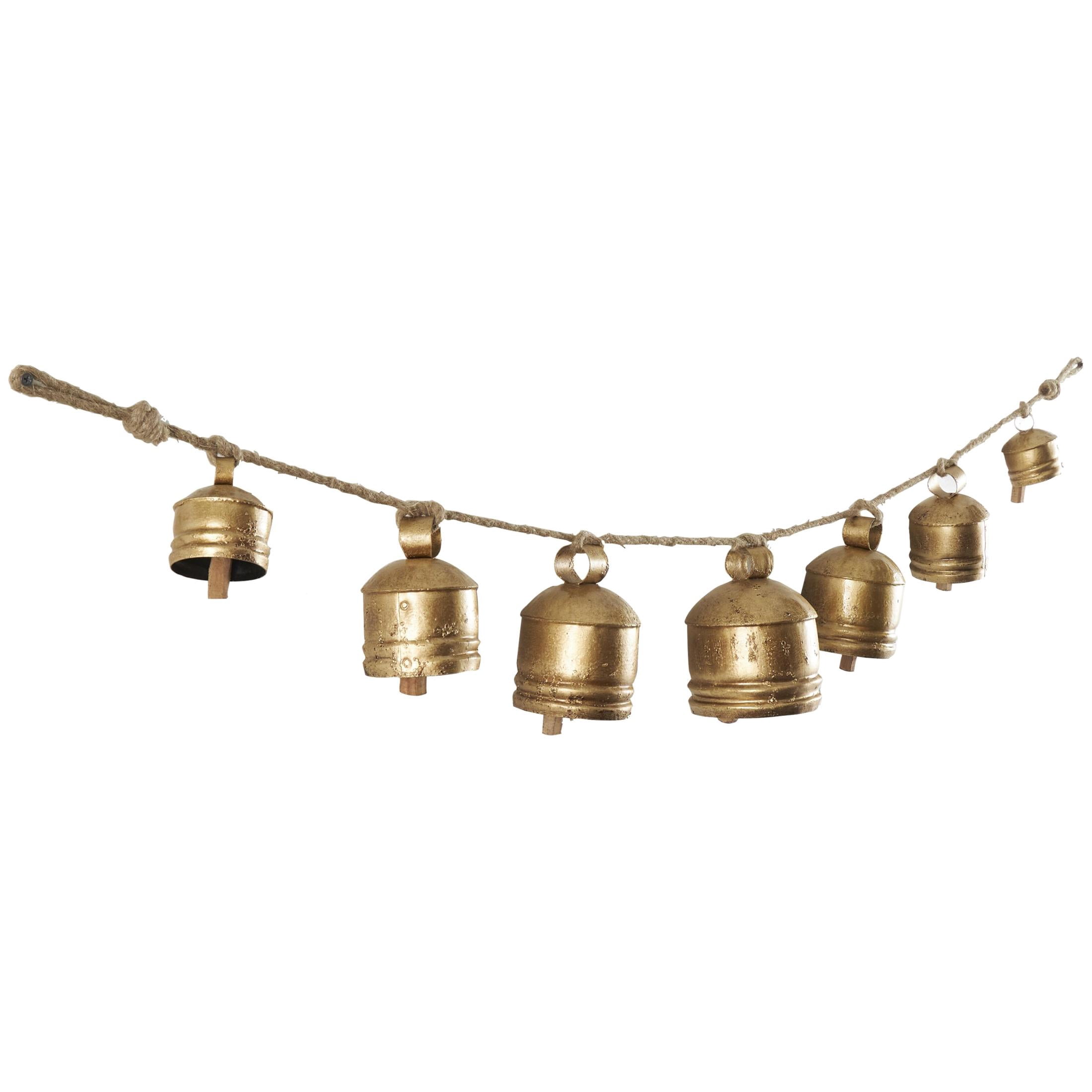DecMode Tibetan Inspired Gold Metal Cylindrical Decorative Cow Bells with 7 Bells on Jute Hanging Rope