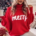 thumbnail image 2 of Women's Christmas Sweaters Long Sleeve Turtleneck Letter Embroidery Pullover Casual Knit Tops, 2 of 8