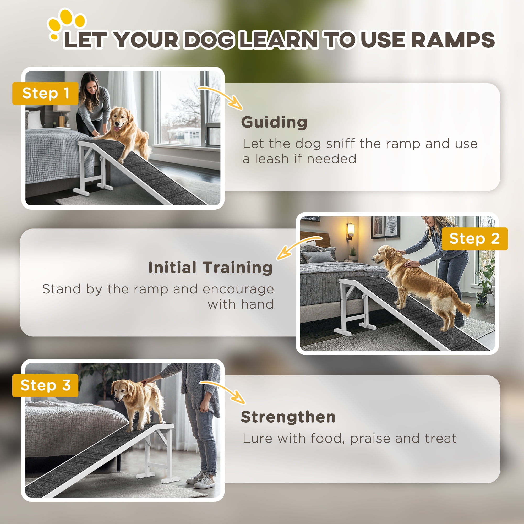 Dog Ramp for Bed, Pet Ramp for Dogs with Non-Slip Carpet and Top Platform, 74" x 16" x 25", White
