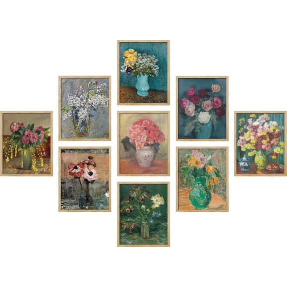 PixonSign Framed Canvas Print Wall Art Set - Impressionist Blossoms Vibrant Still Life Floral Poster Art - Set of 9 Nature Plants Classic Wall Décor for Home Decoration - 11"x14" Natural