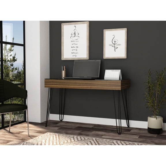 Brown rectangular desk with glass top and one drawer / Applicable to office settings