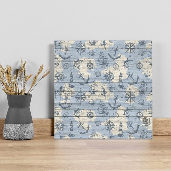 Nautical Blue Wall Art Painting on Canvas, Sailing Anchor Compass Lighthouse Fish Canvas Art Home Prints Wall Art Framed Modern Artwork for Living Room Bedroom Wall Decor 8x8in