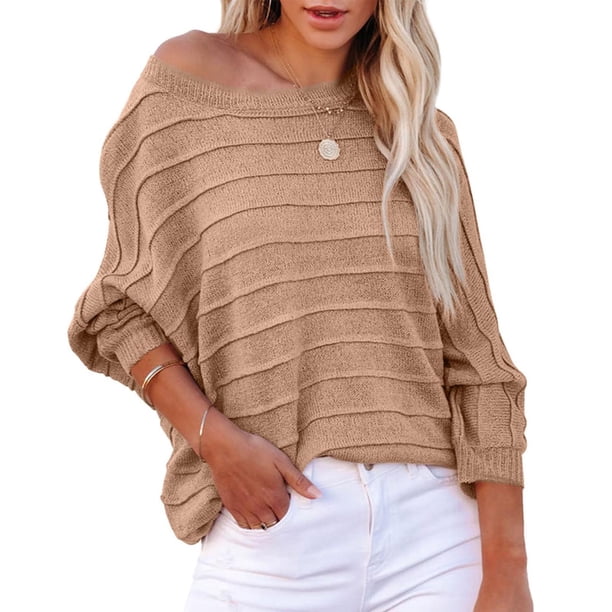 Suéter de cuello redondo para mujer, otoño/invierno, jersey con hombros descubiertos, suéter de punto holgado con cuello redondo, suéter para mujer
