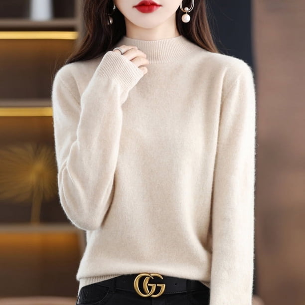 Suéter de punto holgado de cuello alto corto para mujer, prenda de primera línea de lana con tacto de piel, sin costuras, para otoño e invierno