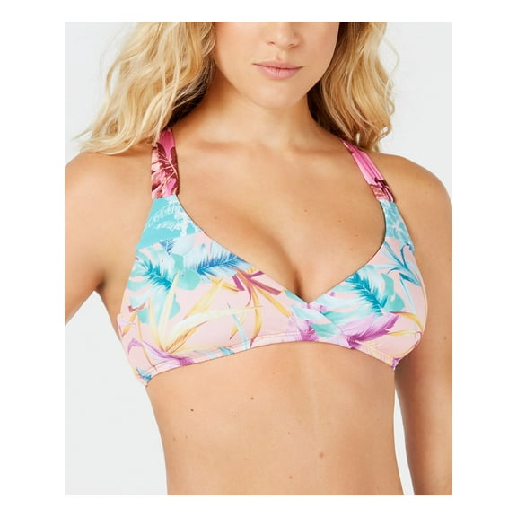 BAR III Women's Multi Color Tropical Print Stretch Removable Cups Lined Strappy Tie Copacabana Surplice Swimsuit Top XS