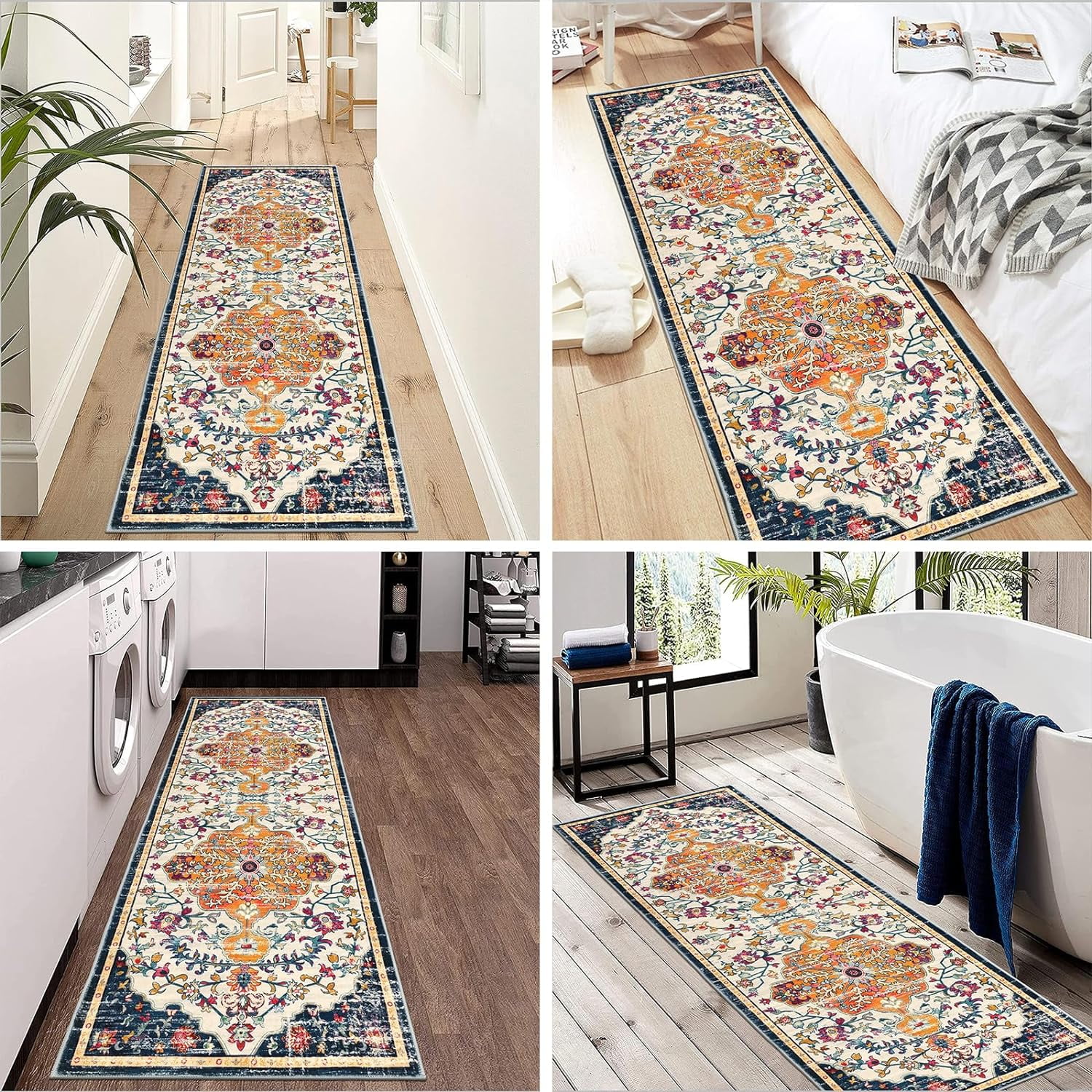 Findosom 2'x6' Vintage Runner Rug 0.4" Distressed Hallway Rug Non Slip Laundry Runner Rug Decor Rug Washable Runner Rug Kitchen Floor Mat Entryway Rug Runner for Laundry Kitchen Dark, Orange