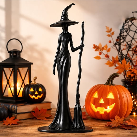 Sulaicai Minimalist Black Witch Figurine, Elegant Faceless Witch with Hat Broom Resin Sculpture, Modern Halloween Tabletop Decor for Home Shelf Mantel