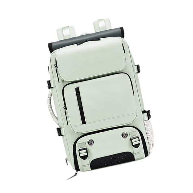 mochila de viaje yinane grande de mano para fines de semana y campamentos verde claro vista frontal 3/4 de mochila rectangular en tela Oxford verde claro con múltiples compartimentos frontales y cremalleras bidireccionales, bolsillo inferior con hebillas, solapa superior, asas y correas acolchadas, puerto de carga USB y bolsillo lateral de malla para botella; tamaño aprox. 30 x 16 x 46 cm. También adecuada como bolso de mano, bandolera o para colocar sobre maleta.