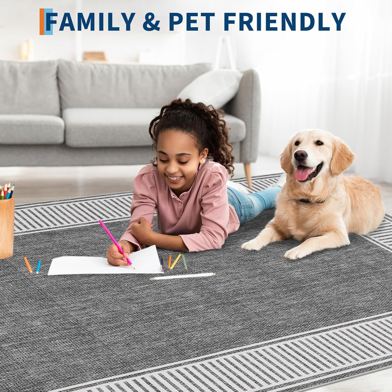 Memoryfield Modern Bordered 9' x 12' Area Rug, Washable Soft Non Slip Low Pile Stain Resistant Carpet Rugs, for Living Room Dining Room, Gray