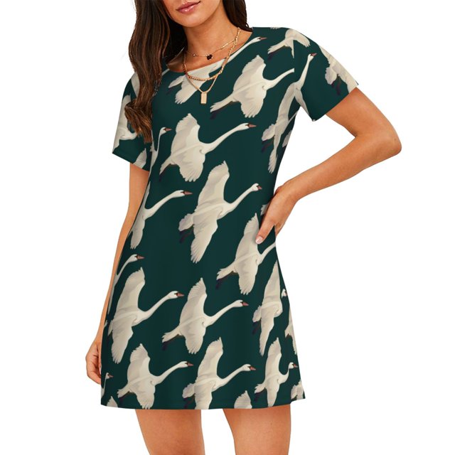 Disketp Flying Swans para Camisón Corto de Manga Corta para Mujeres, Camisón Cómodo con Escote Redondo, Bonito y Confortable