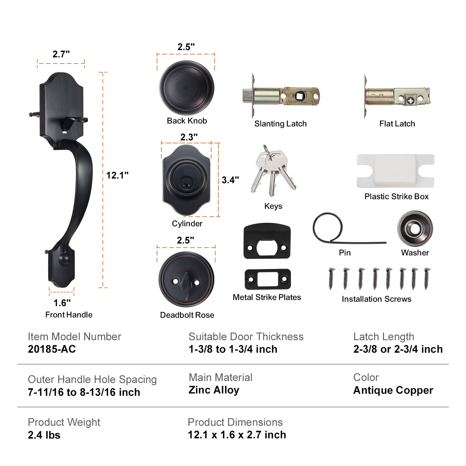 KFFKFF Front Door Handle and Deadbolt Set, Black Front Door Lock Set with Reversible Knob Handle, Modern Front Door Hardware, Single Cylinder Front Door Entry Lock, Front Door Handles and Locks