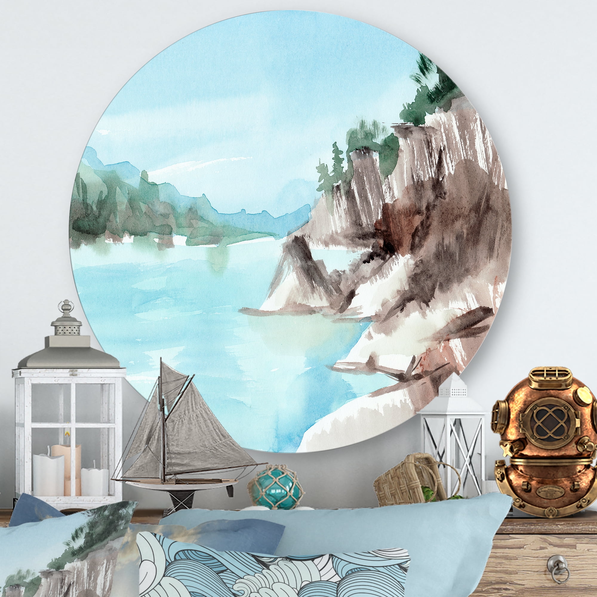 Designart 'Rocks With The Blue Lake' Lake House Circle Metal Wall Art 23x23 - Disc of 23