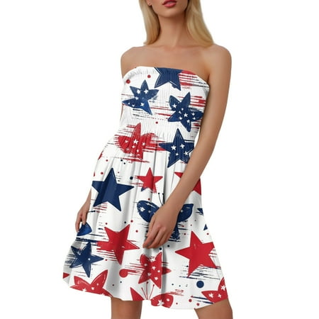 CHCNHAC Beach Dresses for Women 4th Of July Casual Dresses Patriotic Red White and Blue Print Flowy Swing Strapless Prom Party Gown Hot Pink M